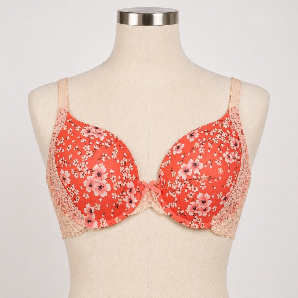 Victoria's Secret Dream Angels Red Cherry Blossom Floral Lace Bra 34D Rhinestone